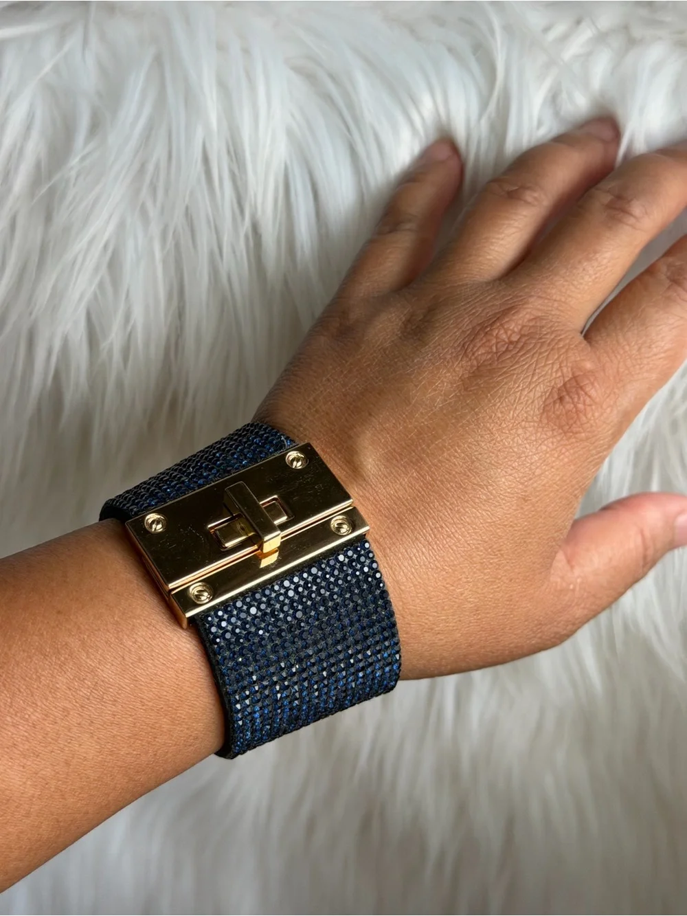 Navy Rhinestones Crystals Leather Wide Band Bracelet Gold-Tone Twist Lock